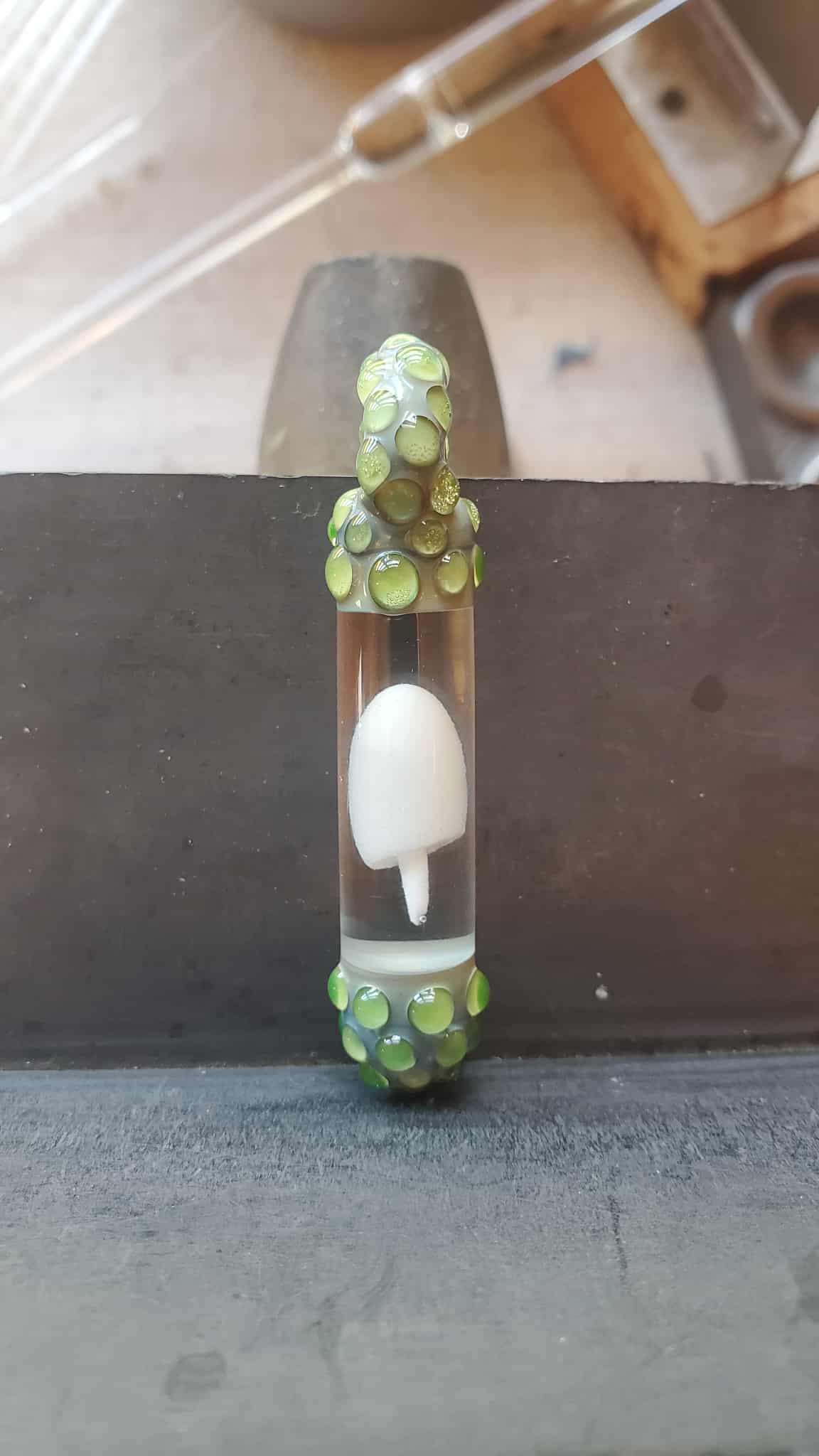 Encapsuled Mushroom Pendant - Tan and Green Ion UV, and Glow n the Dark Mushroom