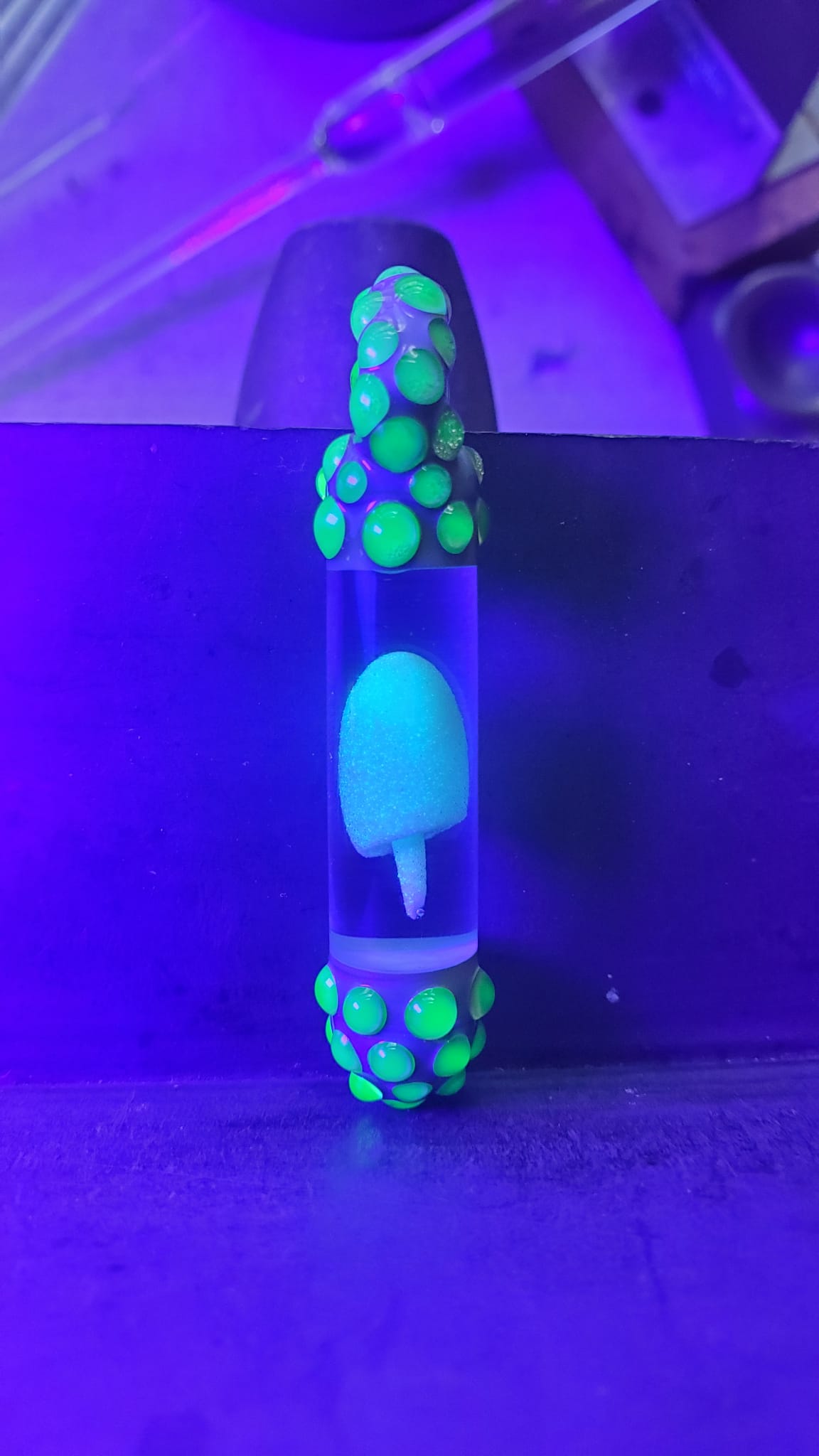 Encapsuled Mushroom Pendant - Tan and Green Ion UV, and Glow n the Dark Mushroom