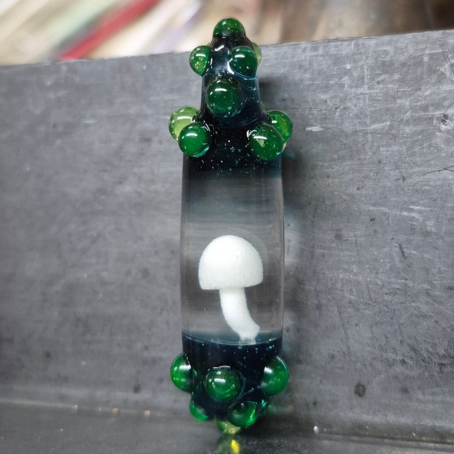 Encapsuled Mushroom Pendant - Atomic Stardust UV Green Ion UV Glow in the Dark Mushroom